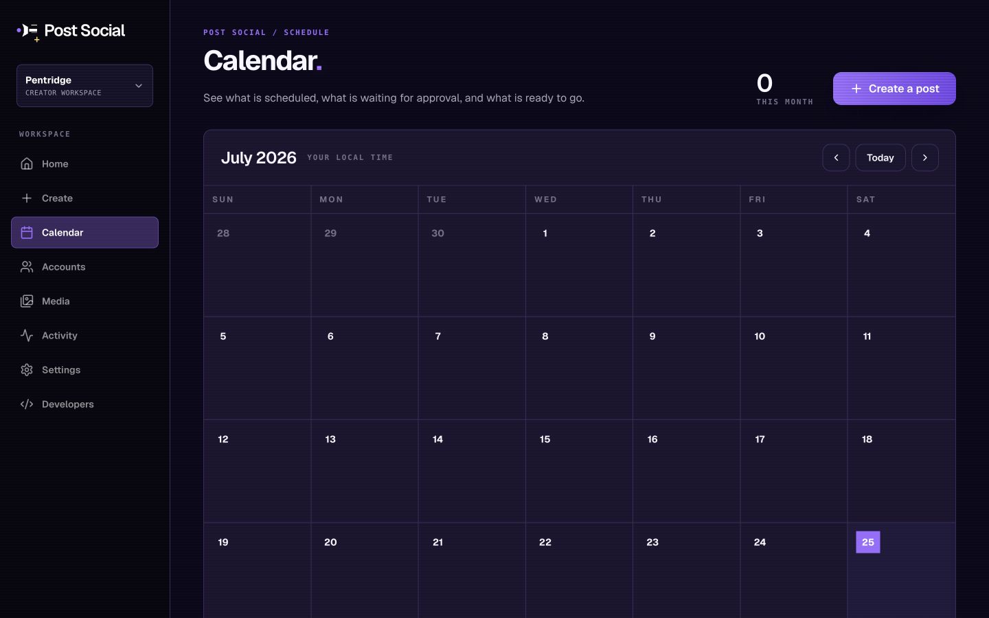 Post Social calendar view of scheduled posts